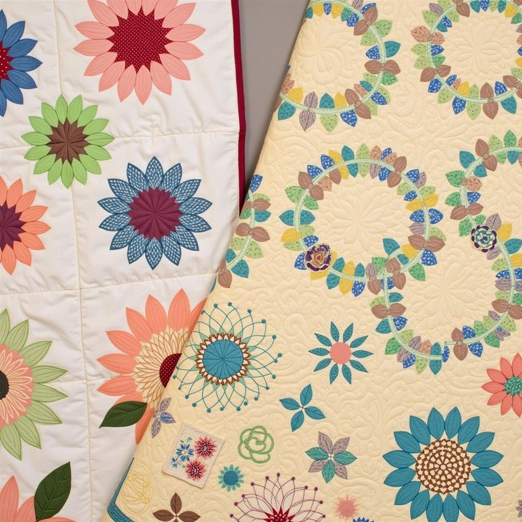 Detailed view of 1930s quilt patterns: Grandmother's Flower Garden and Double Wedding Ring