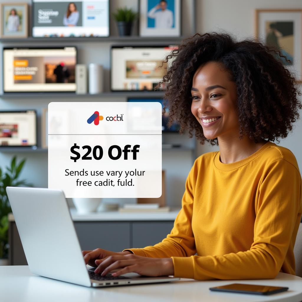 Woman shopping online with a $20 free credit