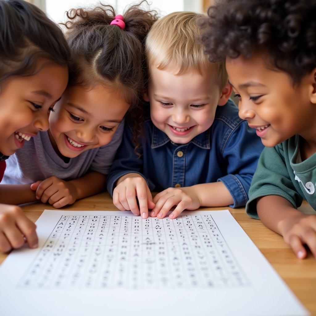 Group of Children Solving Word Search Puzzle