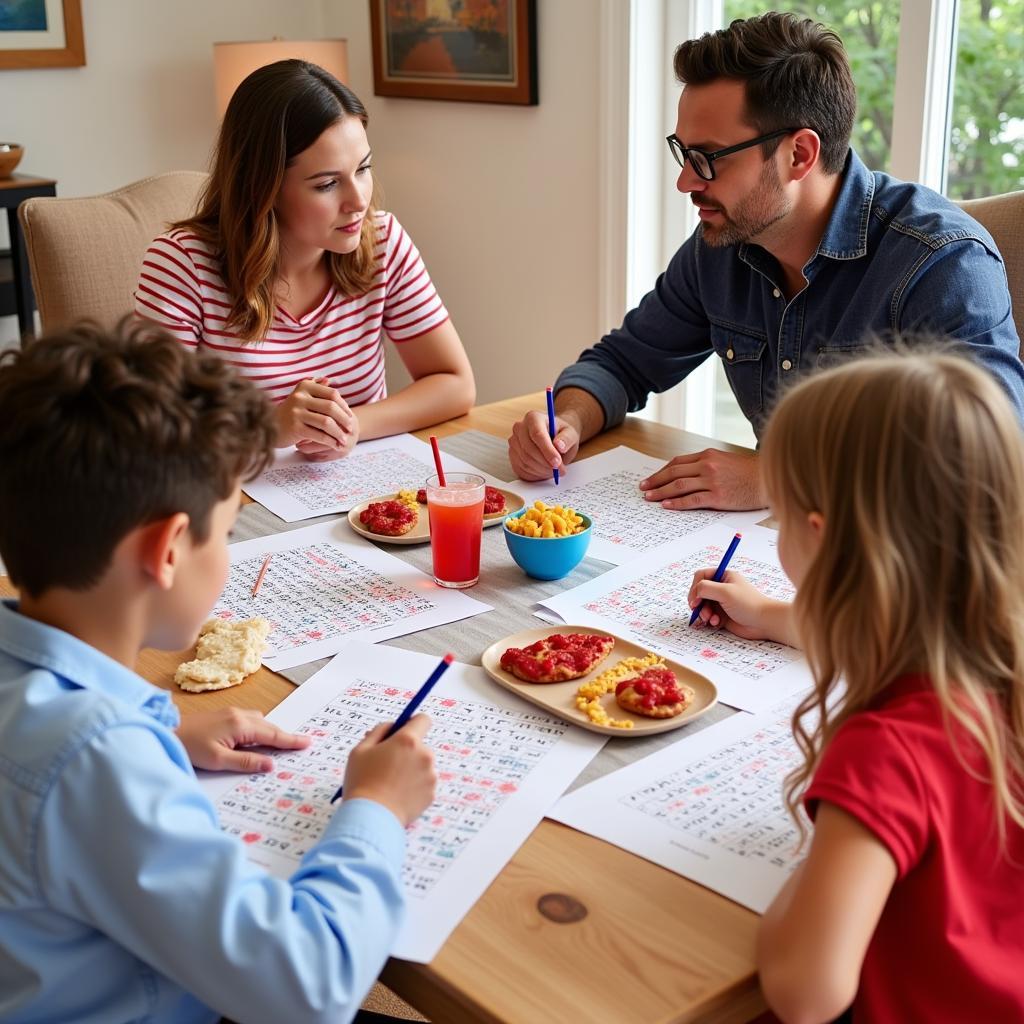 Family enjoying 4th of July activities, including a word search and crafts