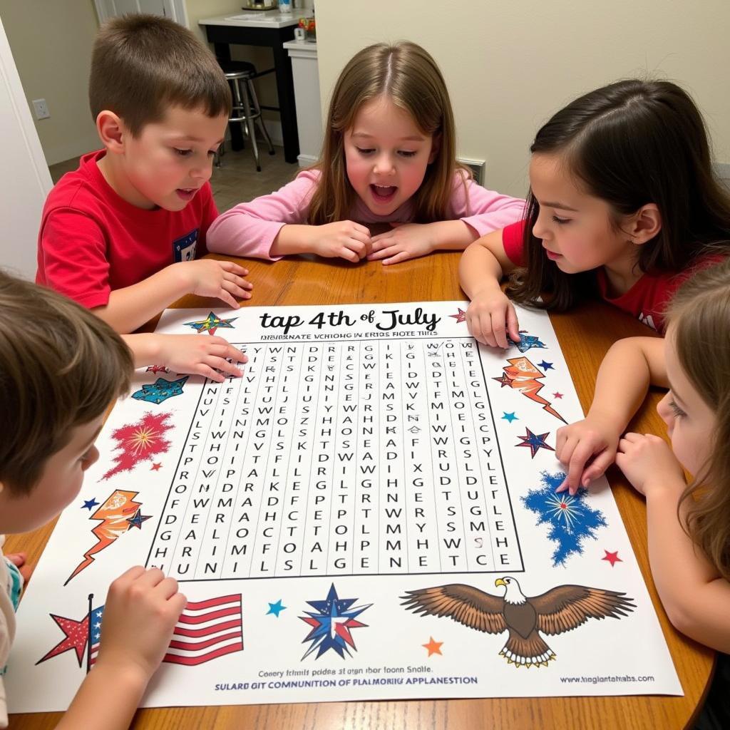 Kids completing a 4th of July word search