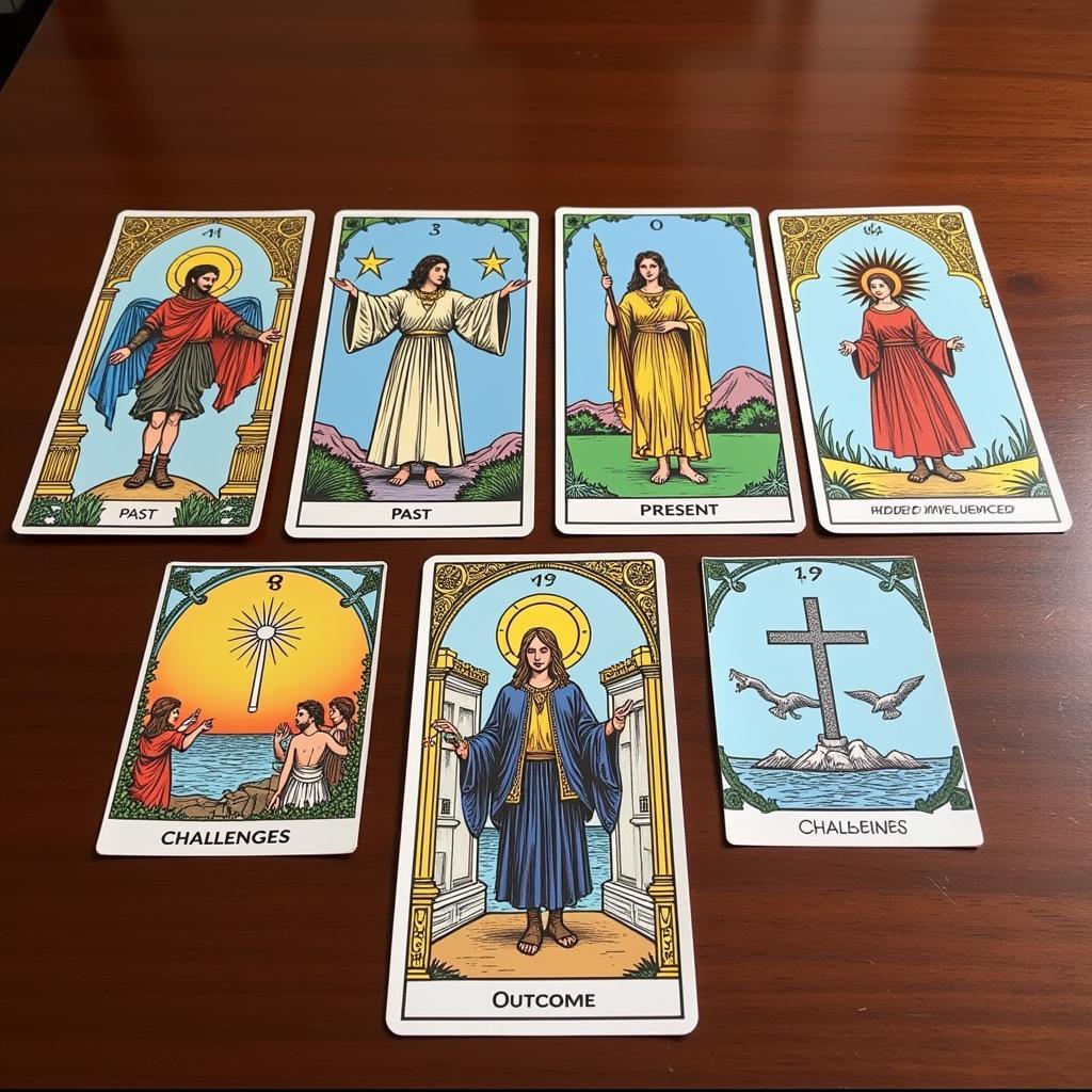 Tarot cards laid out in a five-card spread