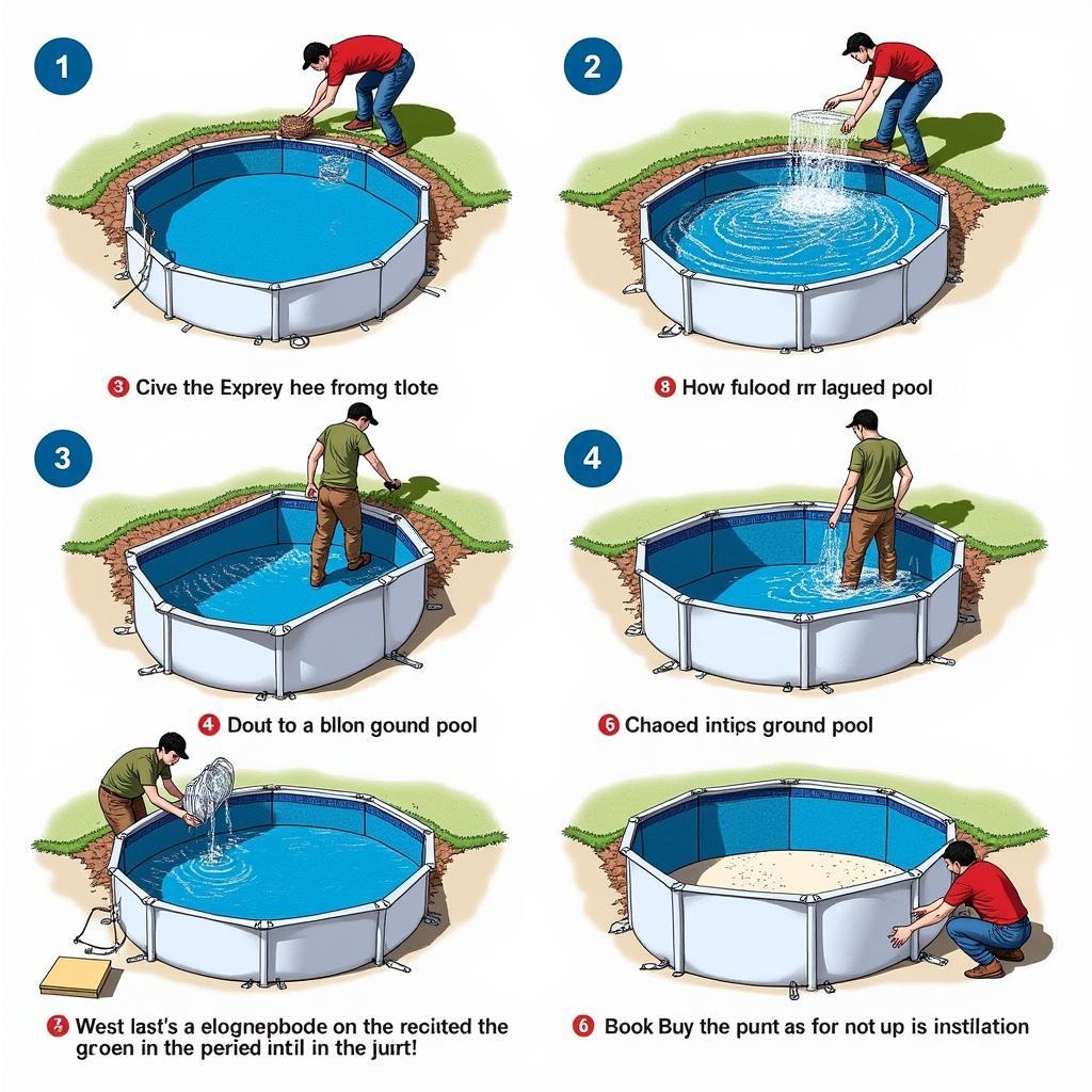 Workers assembling the components of an above ground pool