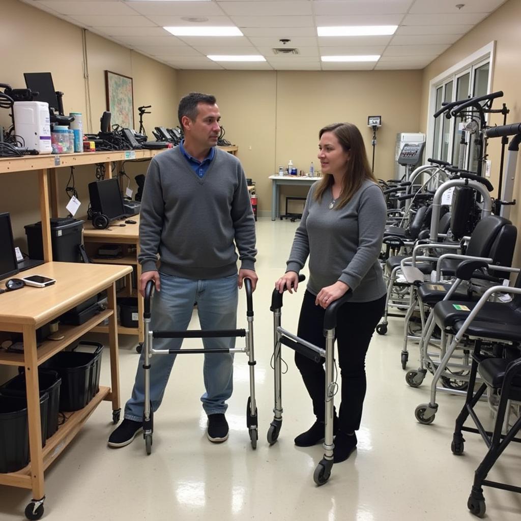 A volunteer helps a patient choose the right knee walker from a medical equipment loan program.