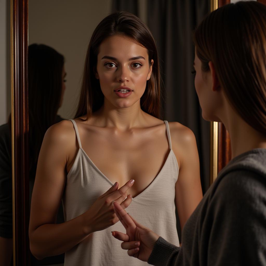 An acting student practices a monologue in front of a mirror