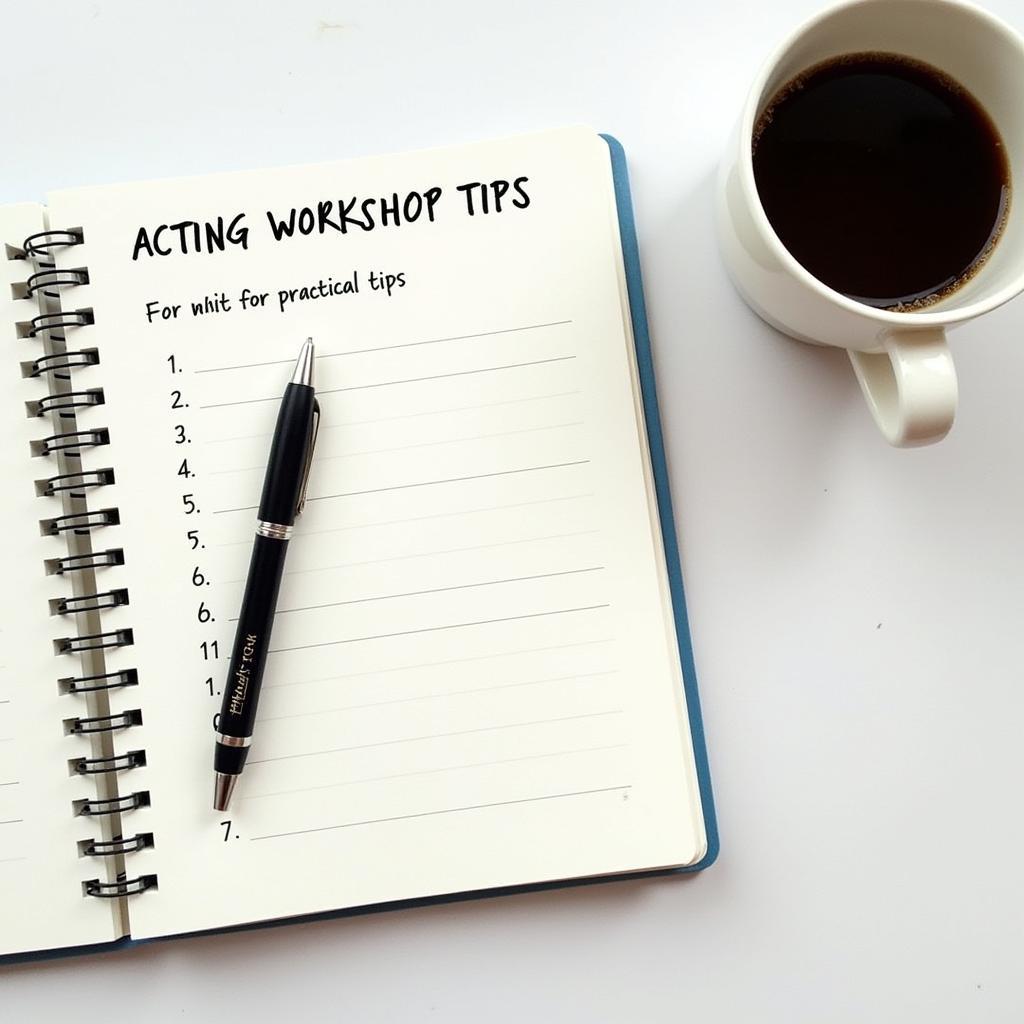 A notebook open to a page with "Acting Workshop Tips" written at the top, surrounded by pens and a coffee cup.