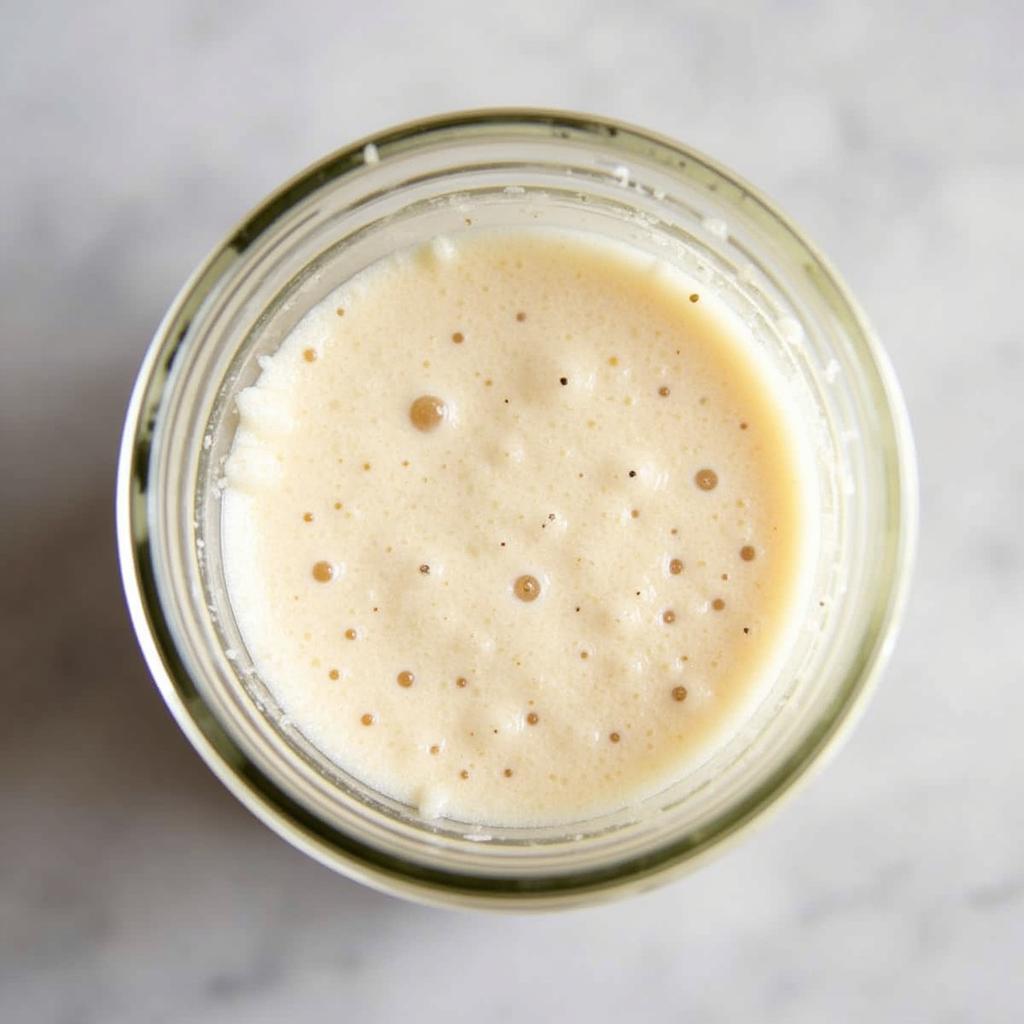  An active gluten free sourdough starter in a glass jar, bubbling vigorously.