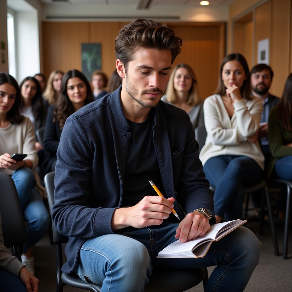 An actor taking notes during a workshop in Los Angeles