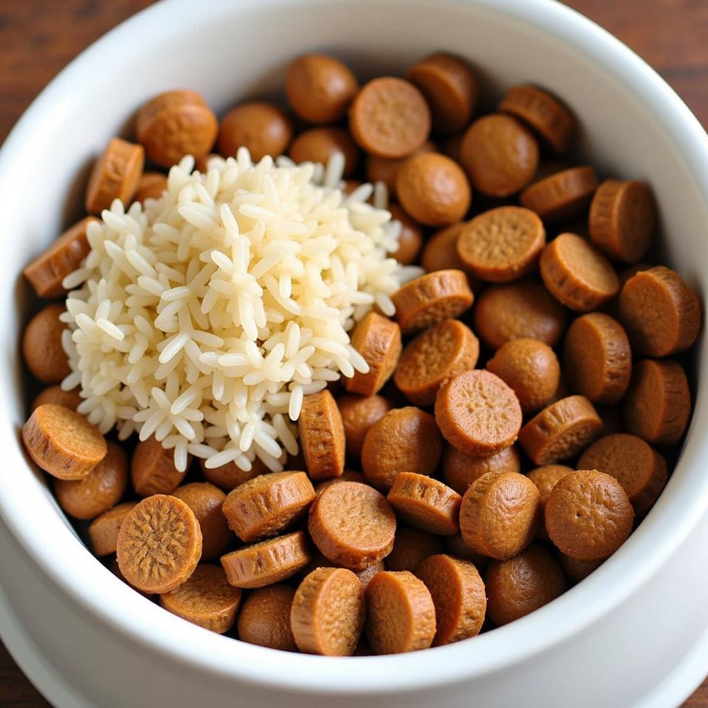 Dog bowl with grain and dog food