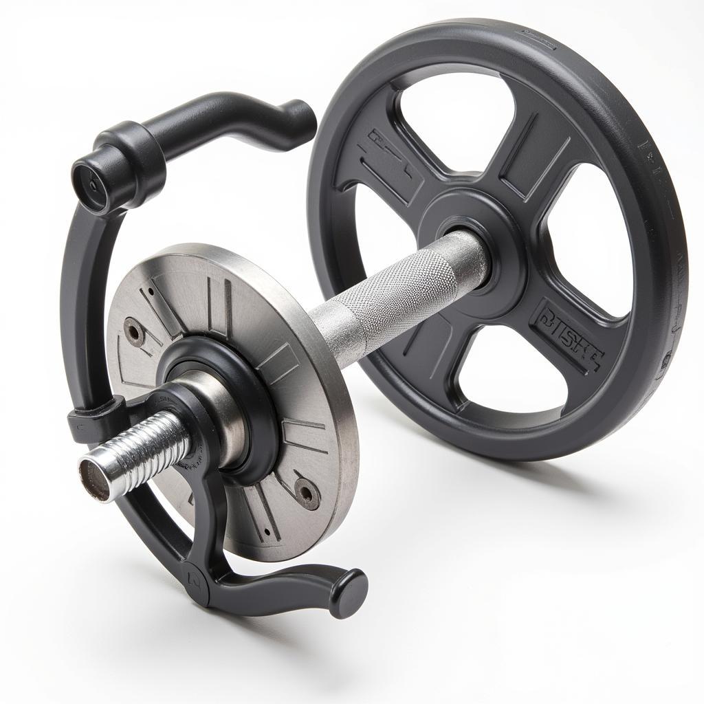 Close-up of an adjustable dumbbell's weight adjustment mechanism