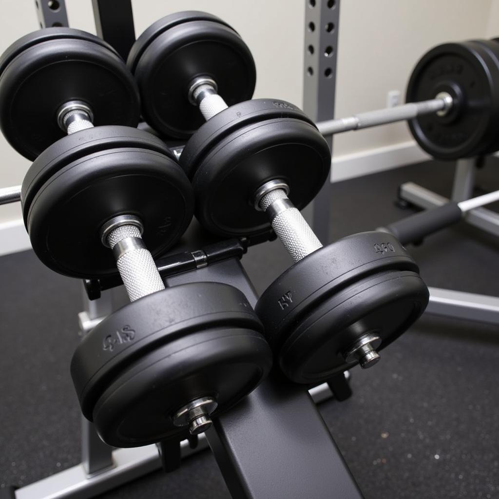 Adjustable dumbbells and a barbell on a weightlifting rack in a home gym