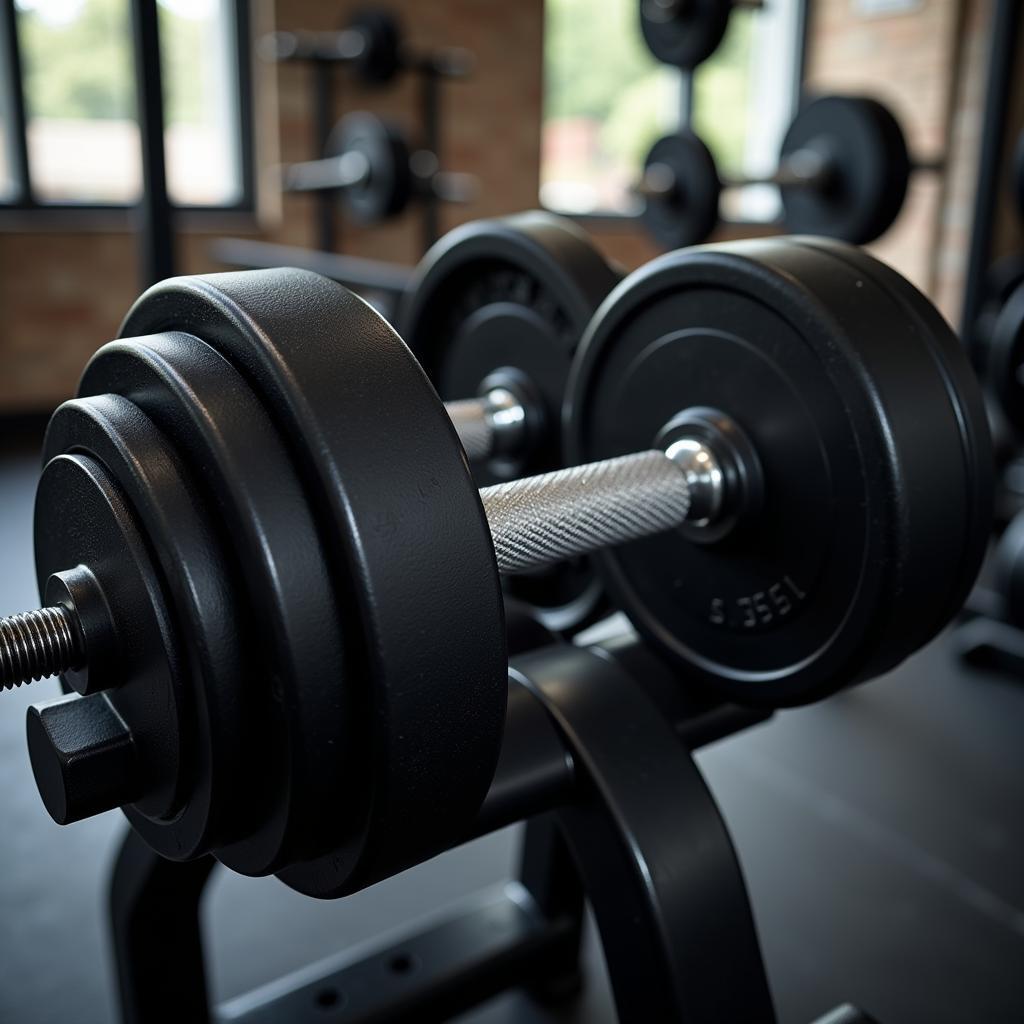 Adjustable dumbbells set in a home gym setup