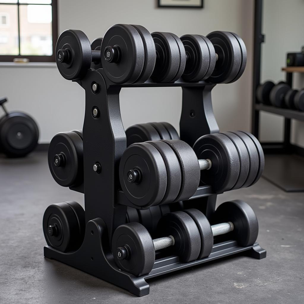 Adjustable dumbbells with stand in a home gym setting