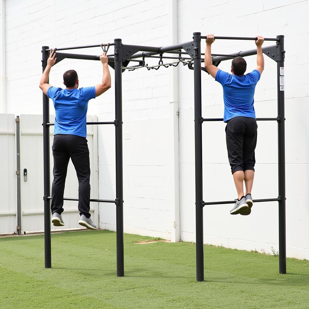 Adults engaging in a fitness routine on monkey bars