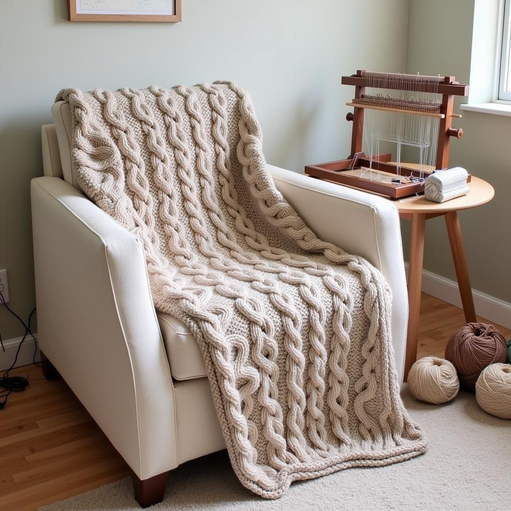 Intricate Loom Knit Blanket with Cable Design