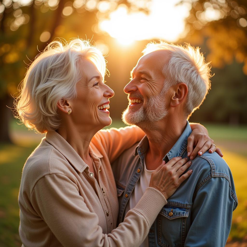 Happy senior couple sharing a laugh, symbolizing aging gracefully.