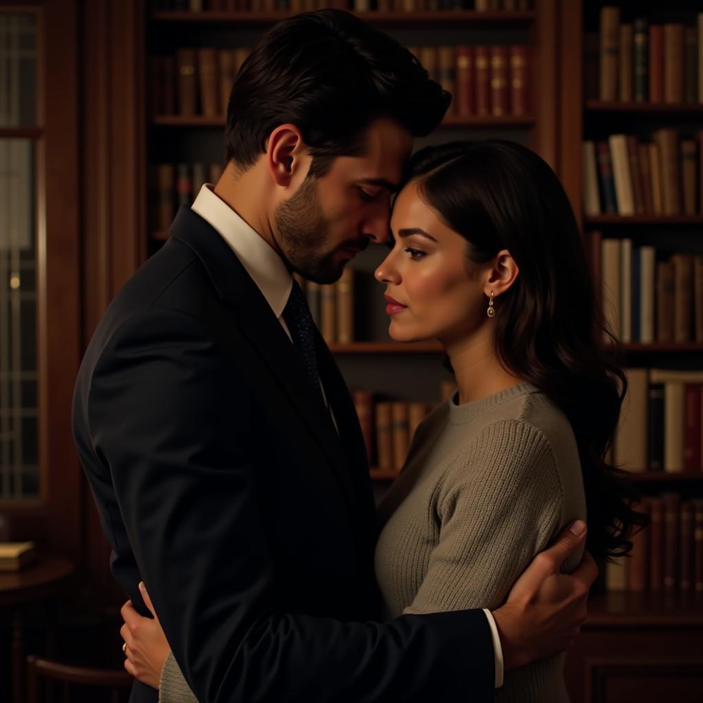 Couple embracing in a library