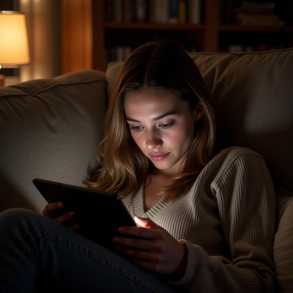 Woman engrossed in reading on a tablet