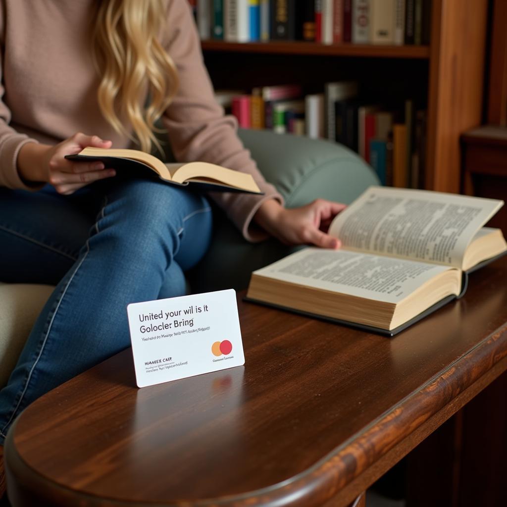 Photo of a person relaxing on a couch, reading a physical book while a library card rests on a coffee table.