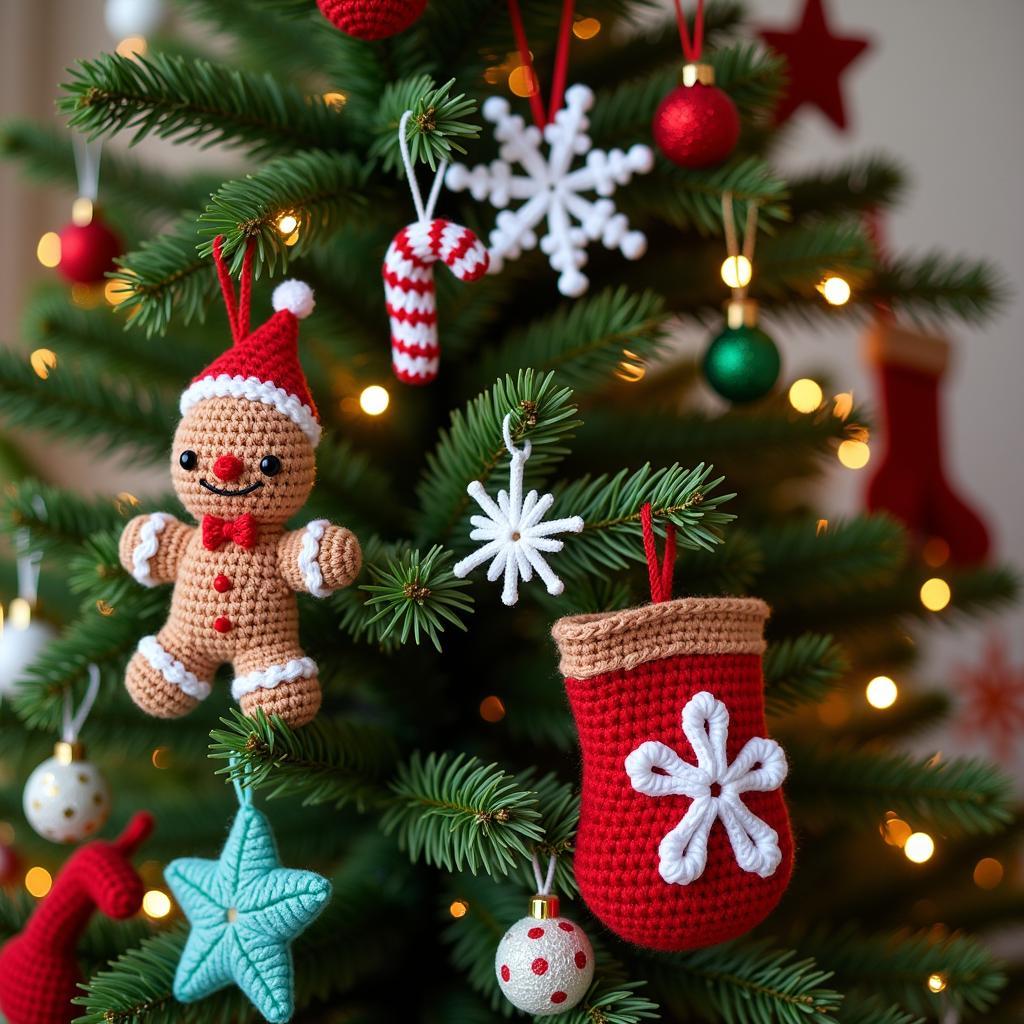 Colorful amigurumi Christmas ornaments hanging on a Christmas tree