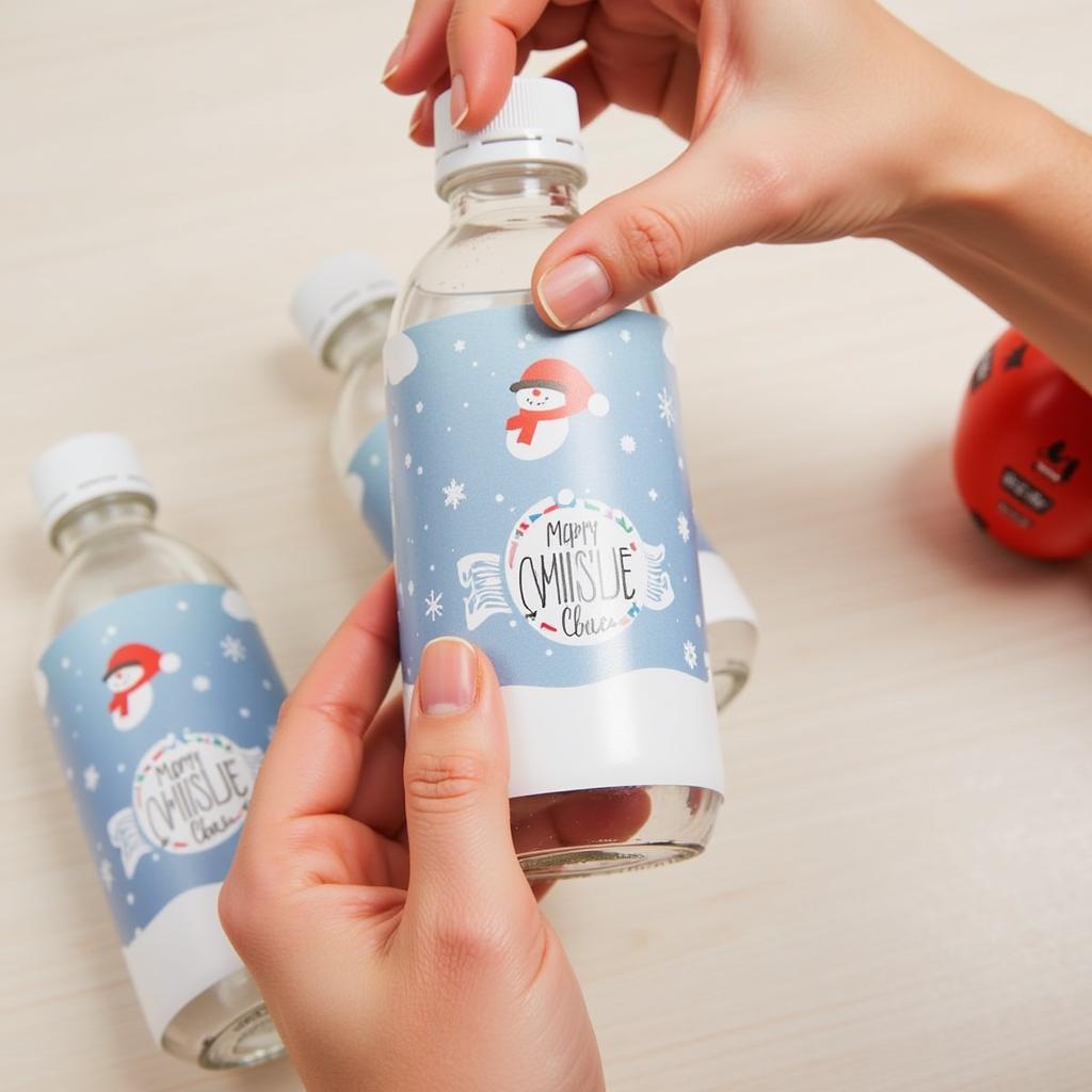  A step-by-step guide on applying Christmas water bottle labels for a professional finish.