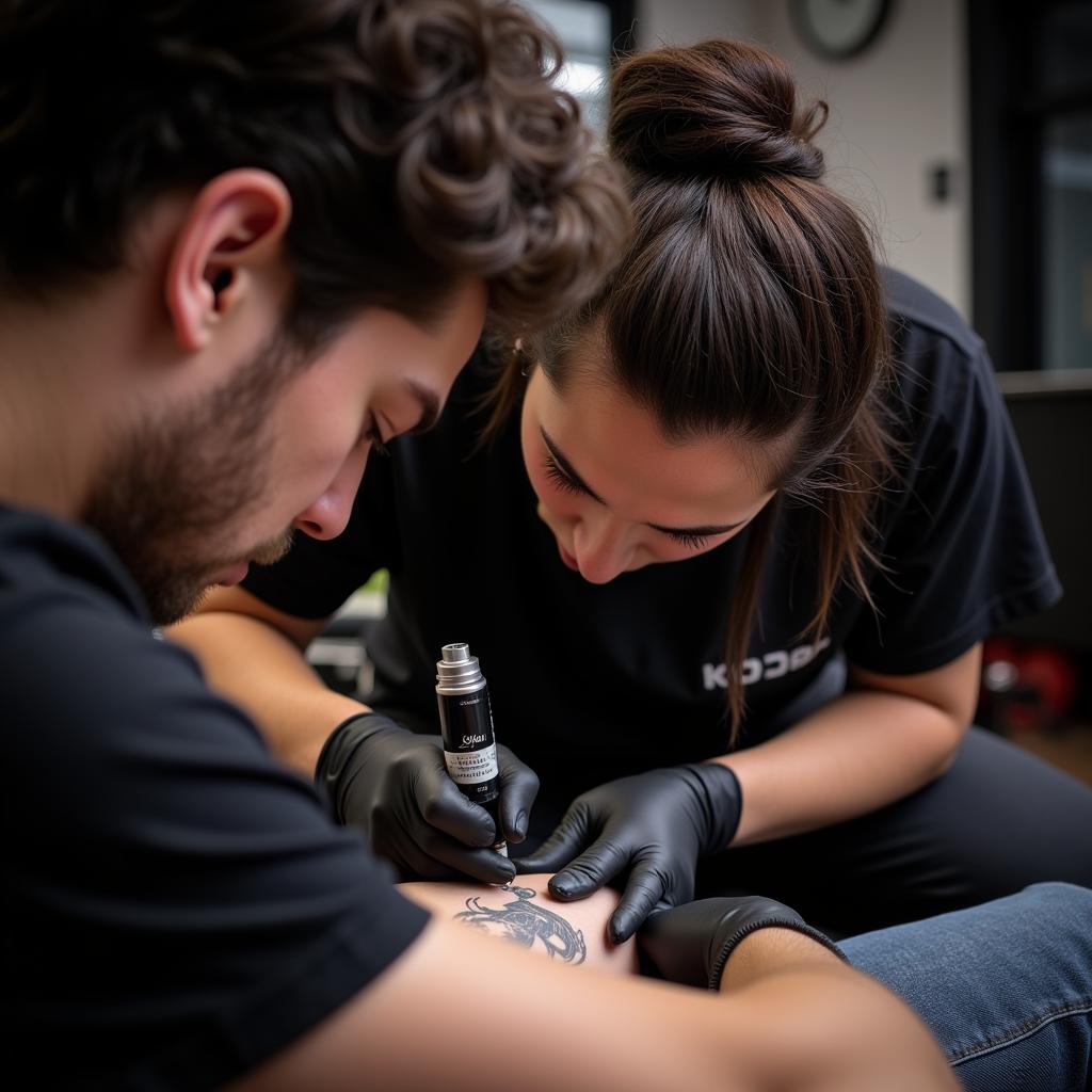 Apprentice Tattoo Artist Working on Client