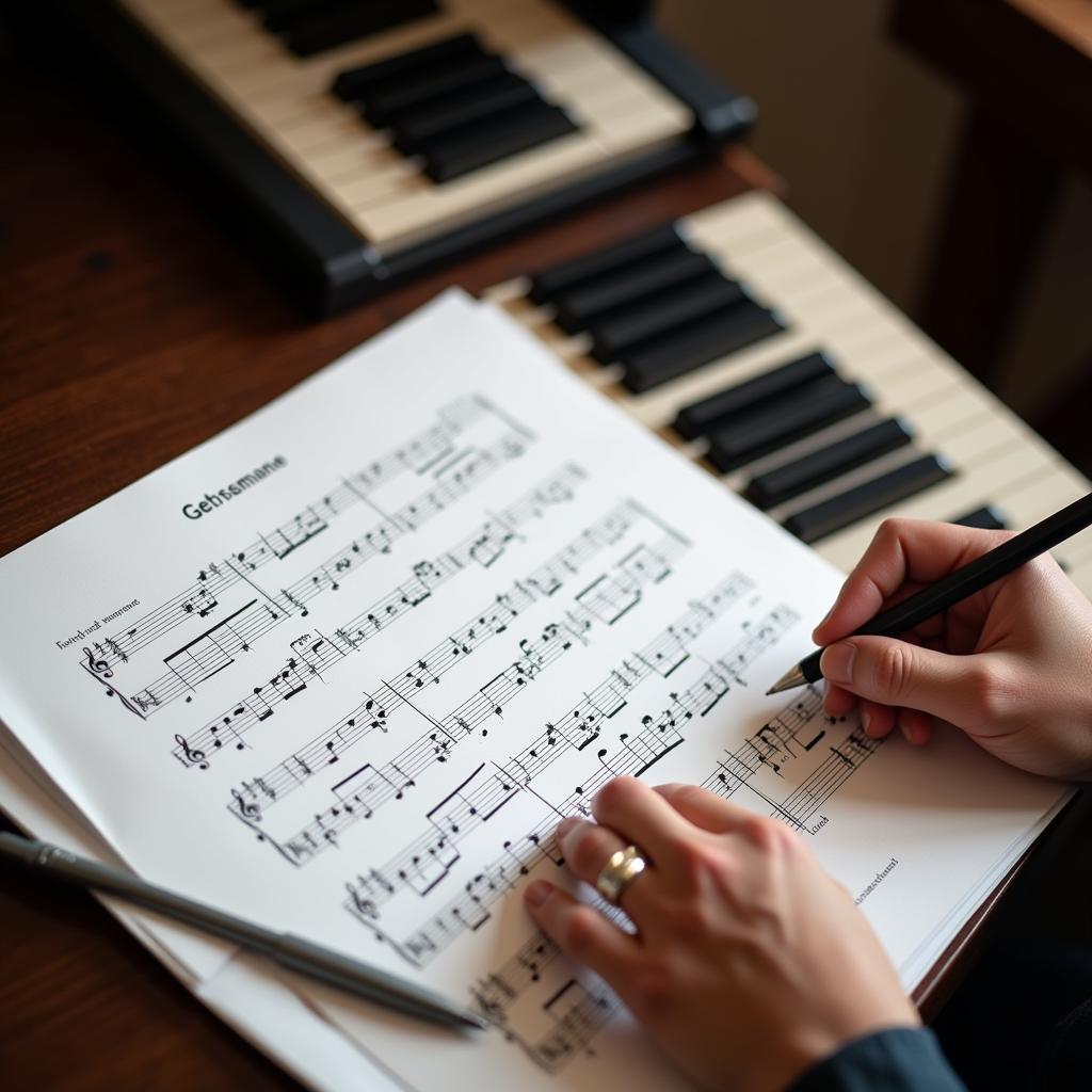 A musician arranging sheet music