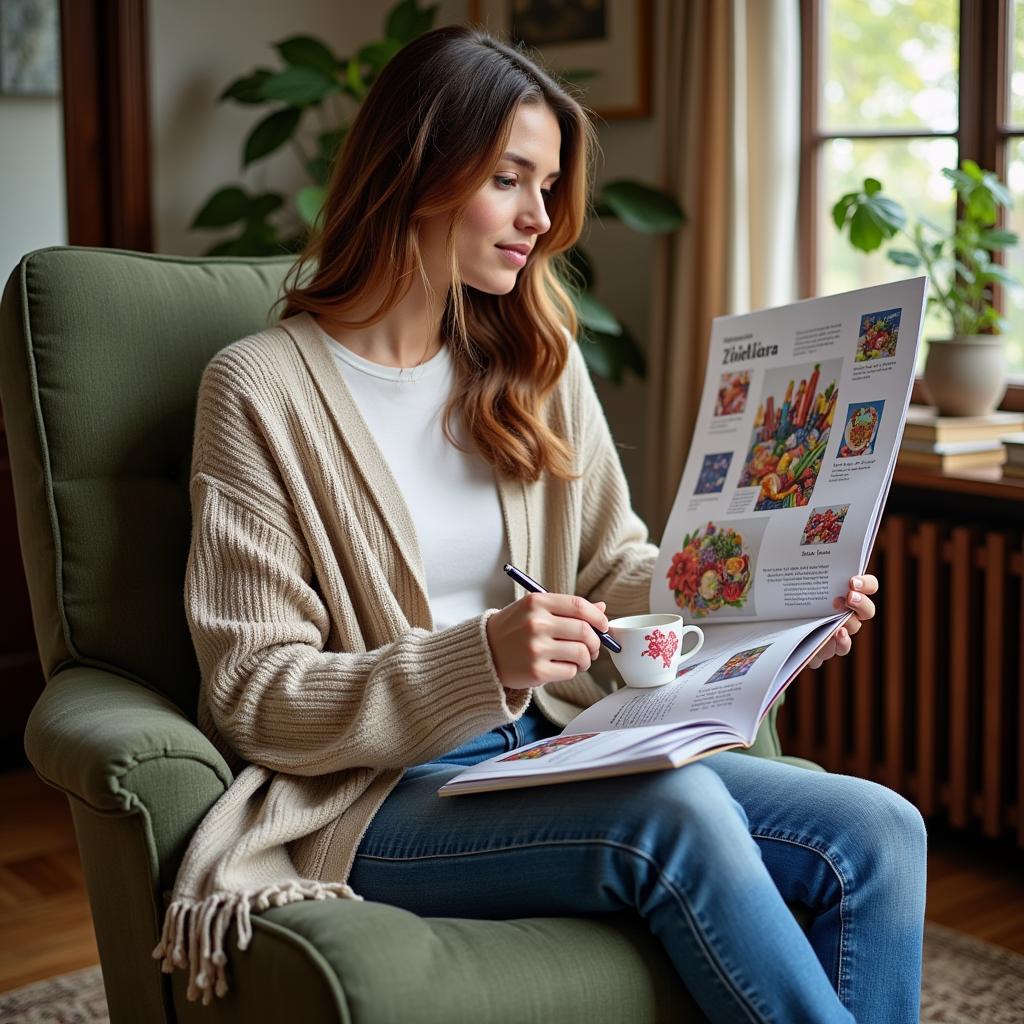 Woman browsing art supply catalog at home