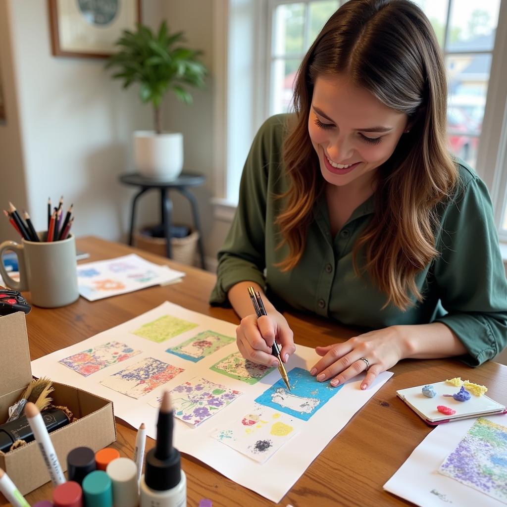 An artist deeply engrossed in their work, utilizing paints and brushes from their art subscription box to create a vibrant painting on canvas.