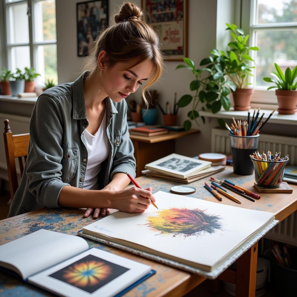 Artist sketching from catalog image in studio