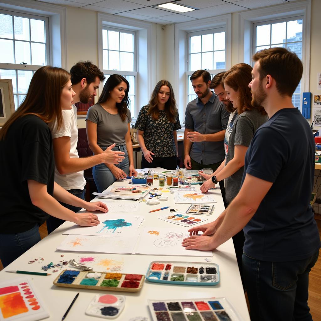 Group of artists discussing project with art supplies