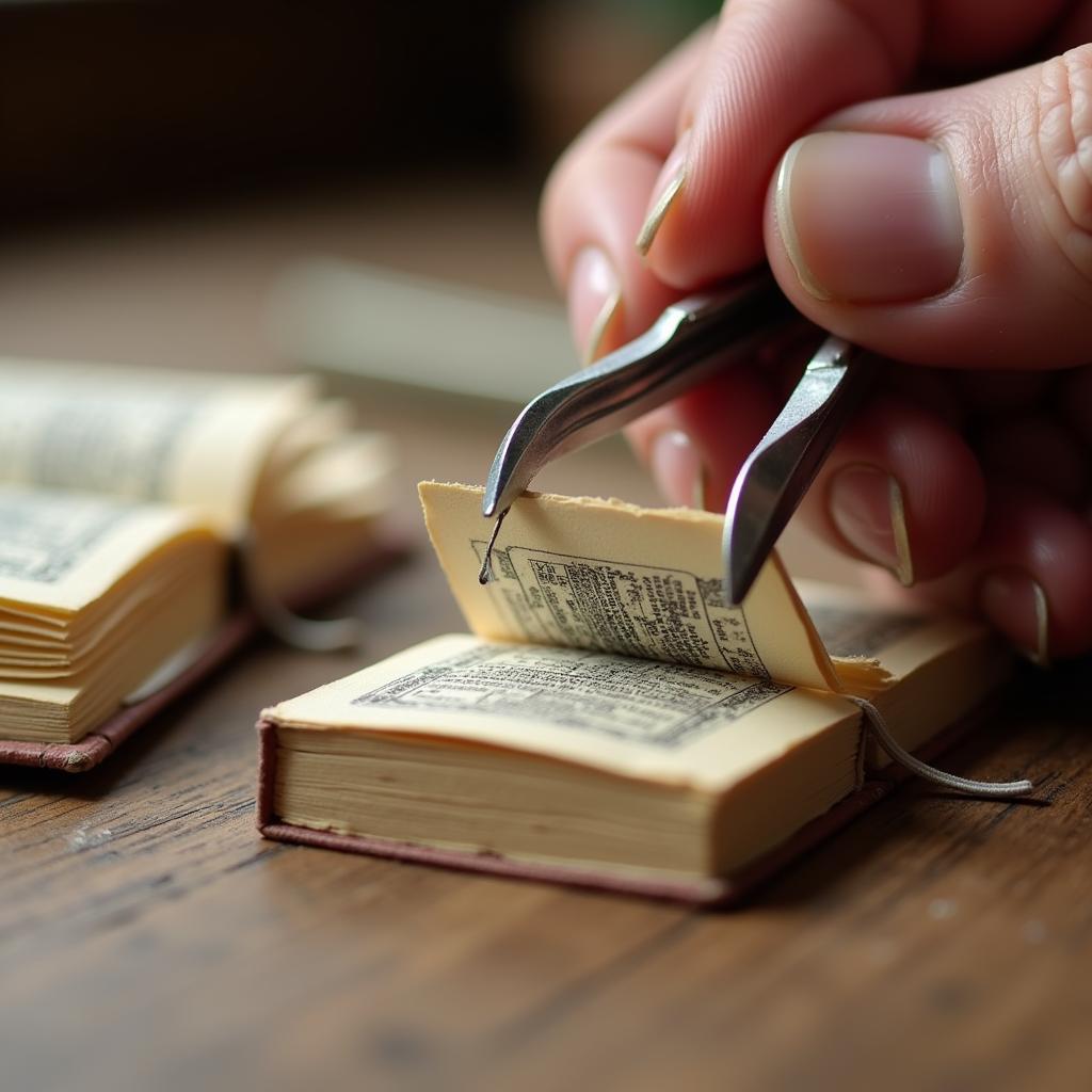 hands meticulously assembling miniature books