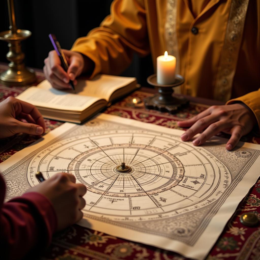 An Astrologer Interpreting a Prashna Kundali for Insights