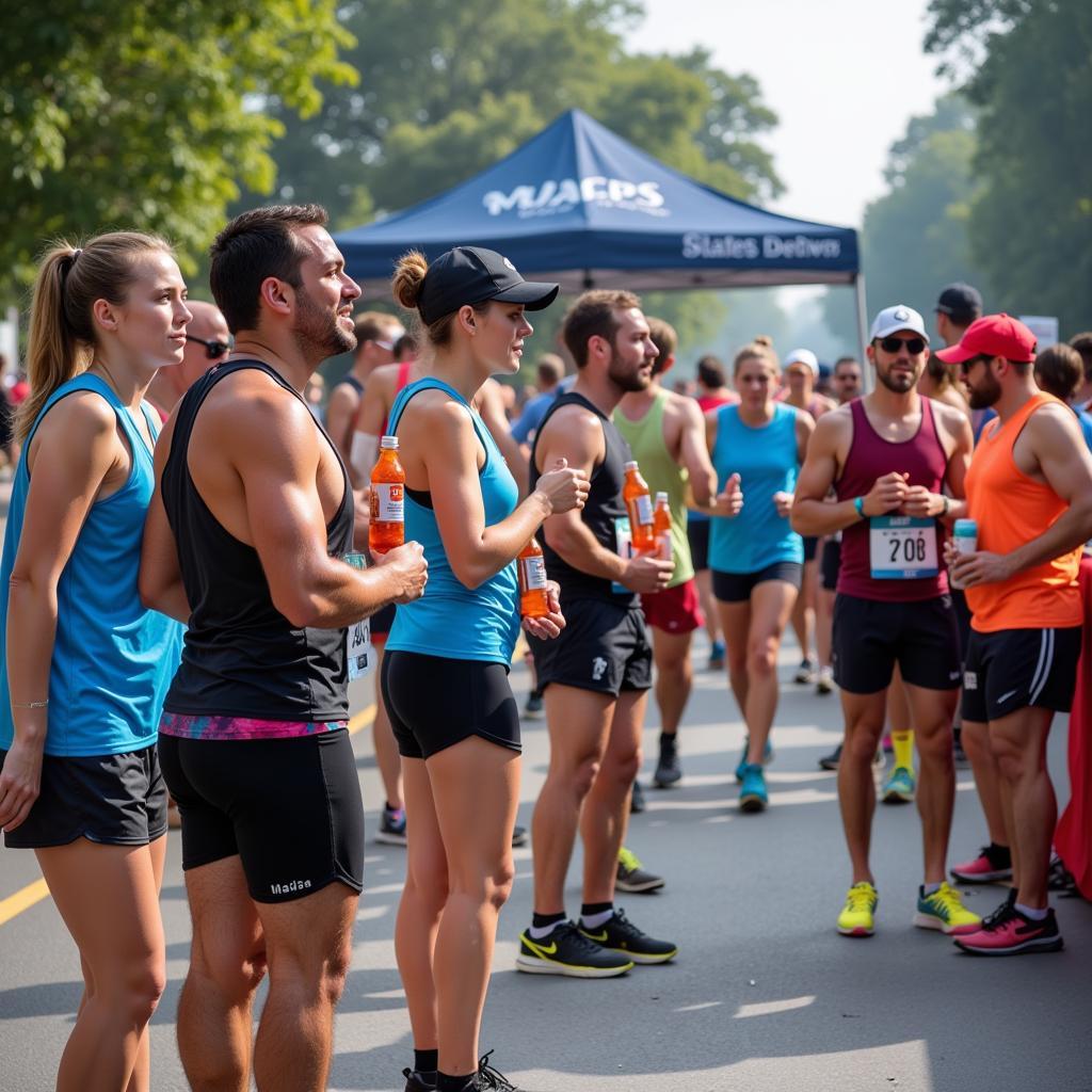 Athletes hydrating with electrolyte drinks at a marathon