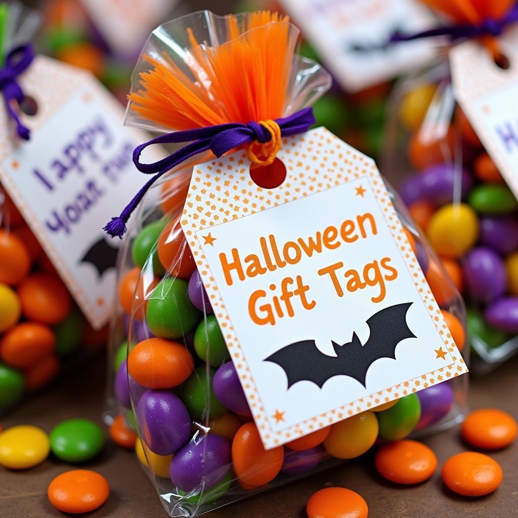 Attaching Halloween Gift Tags to Treat Bags