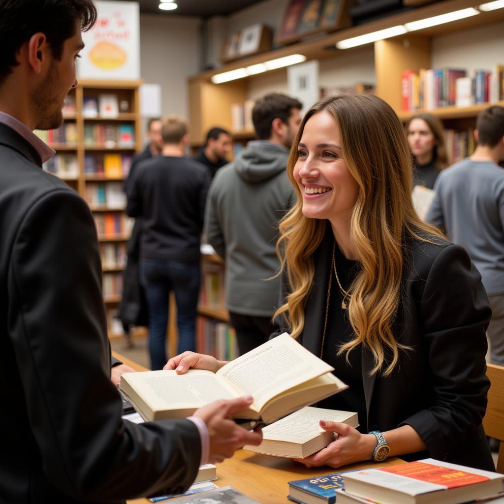 Author signing copies of her book at a bookstore