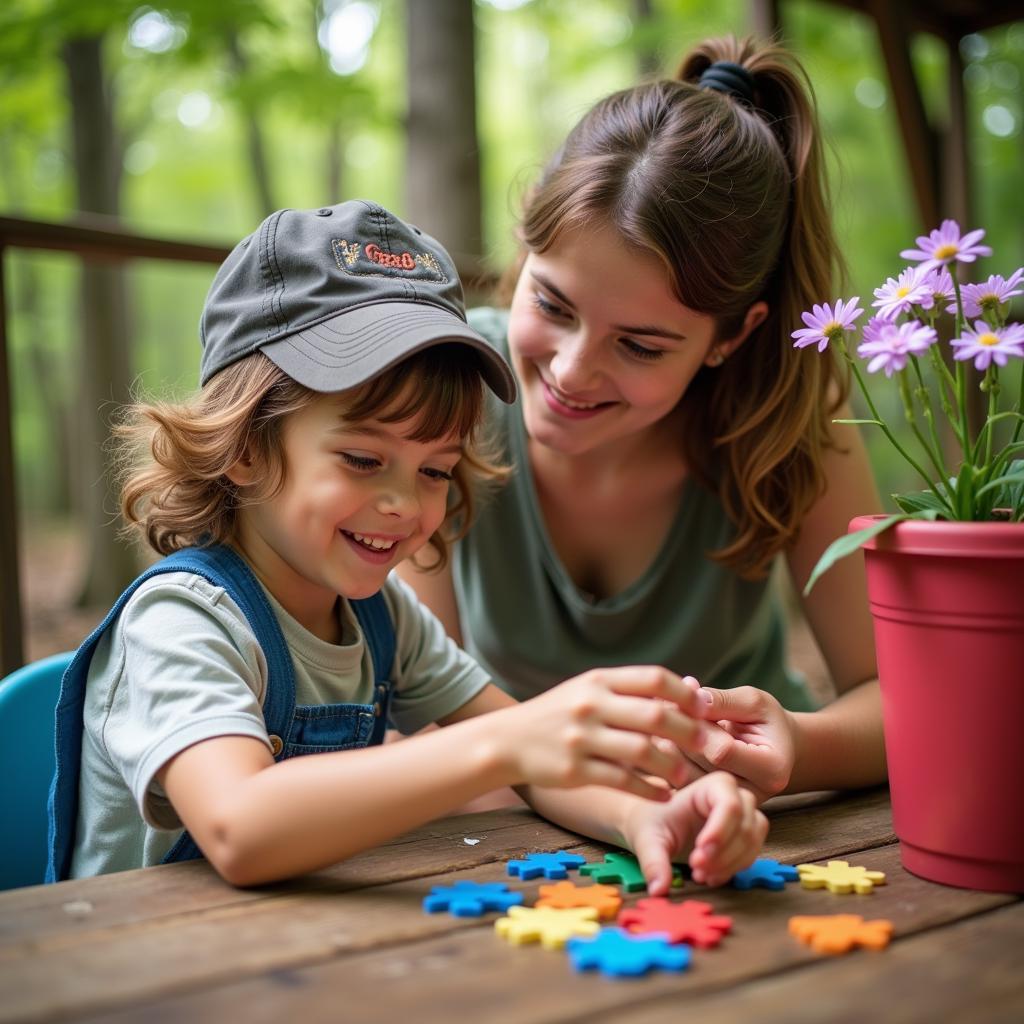 Autism Summer Camp Counselor Interacting with a Camper