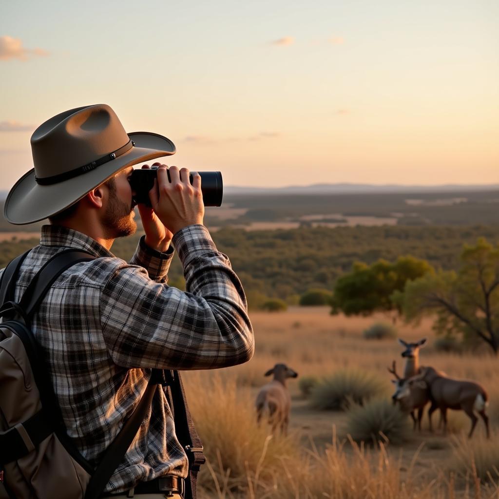 A hunter meticulously scouting for axis deer on a sprawling Texas ranch.