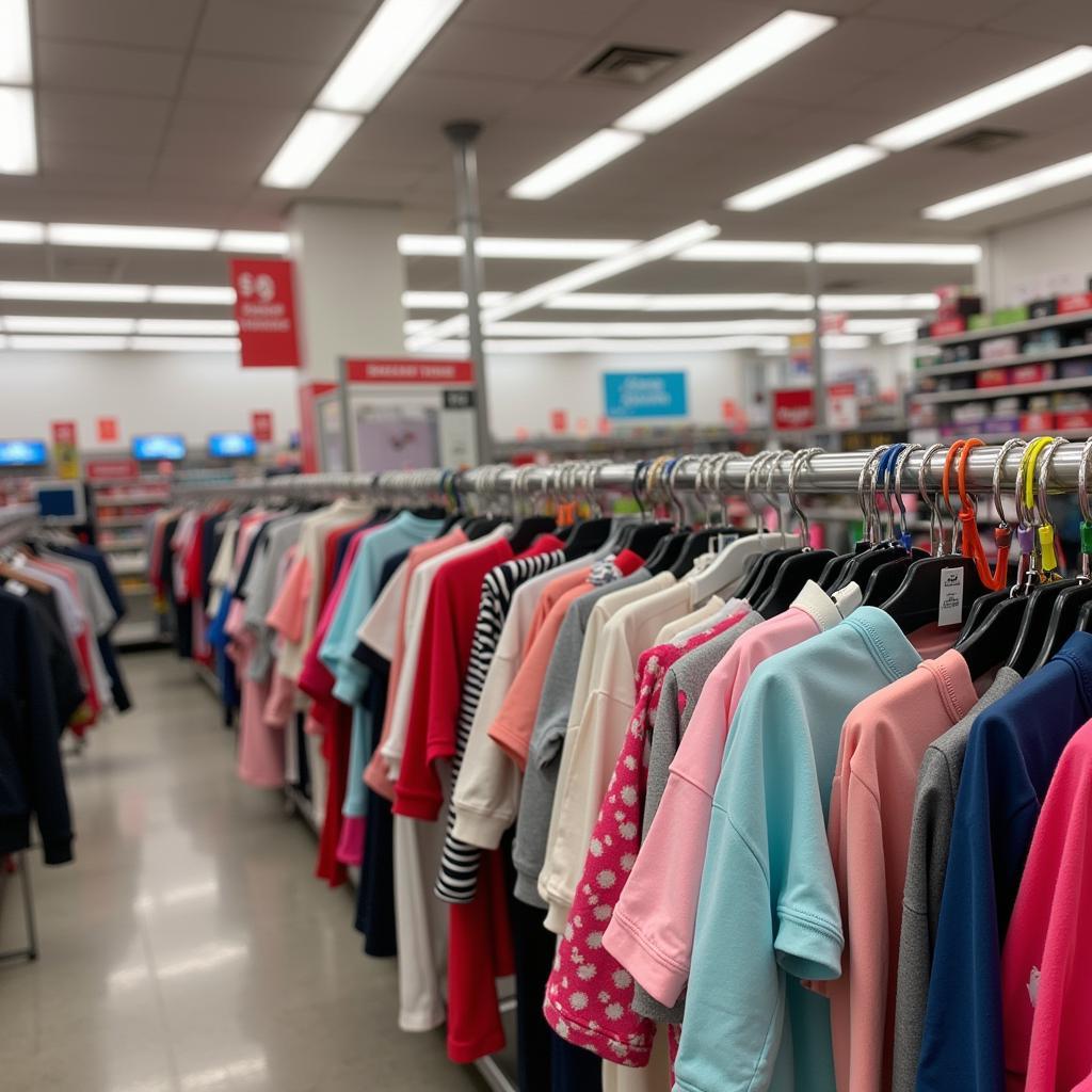 A clearance rack overflowing with adorable baby clothes.