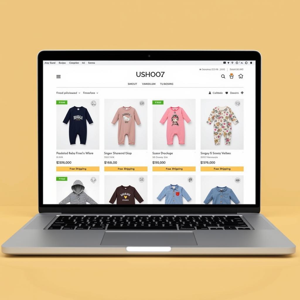 Baby clothes displayed on a laptop screen during an online sale.