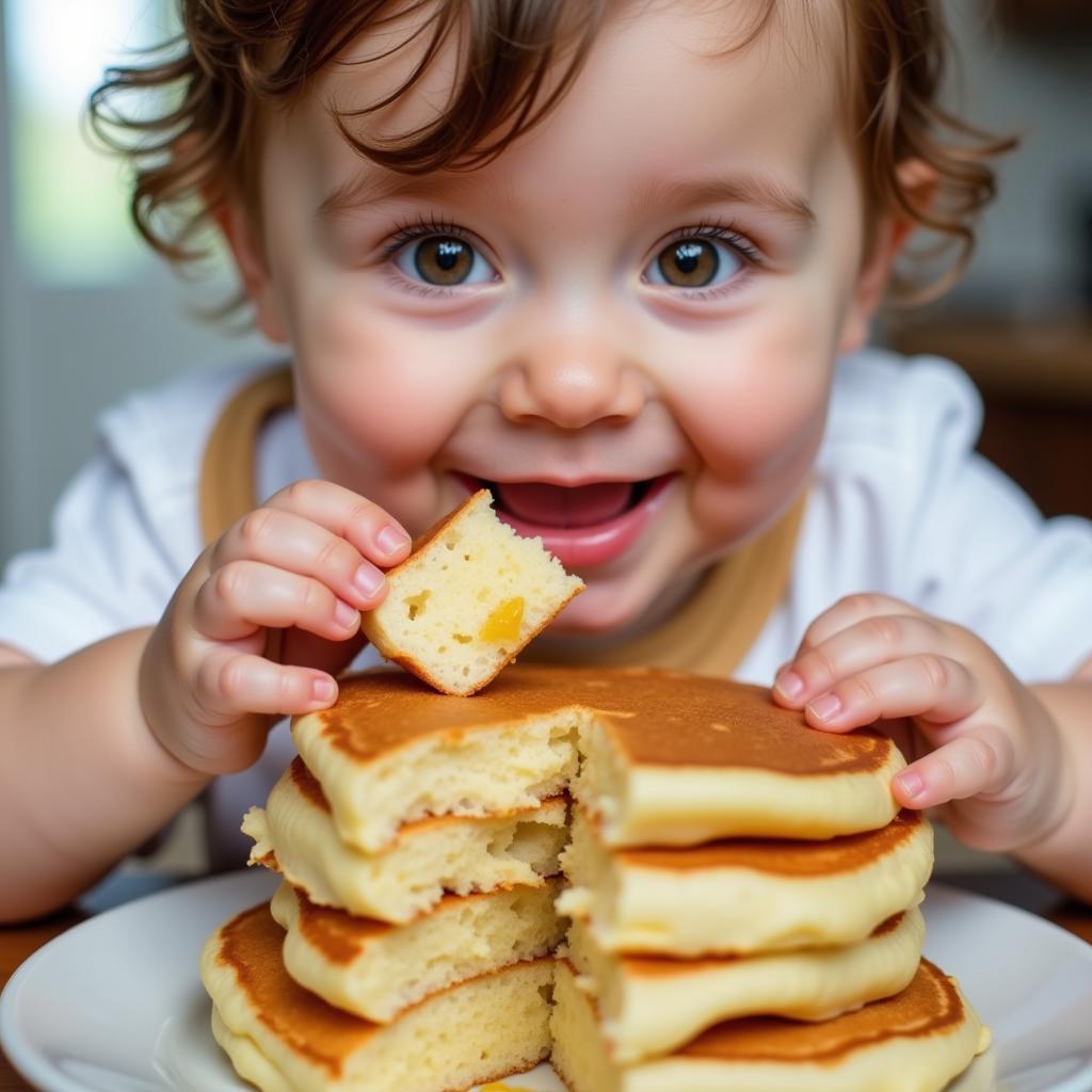 Baby happily eating a pancake