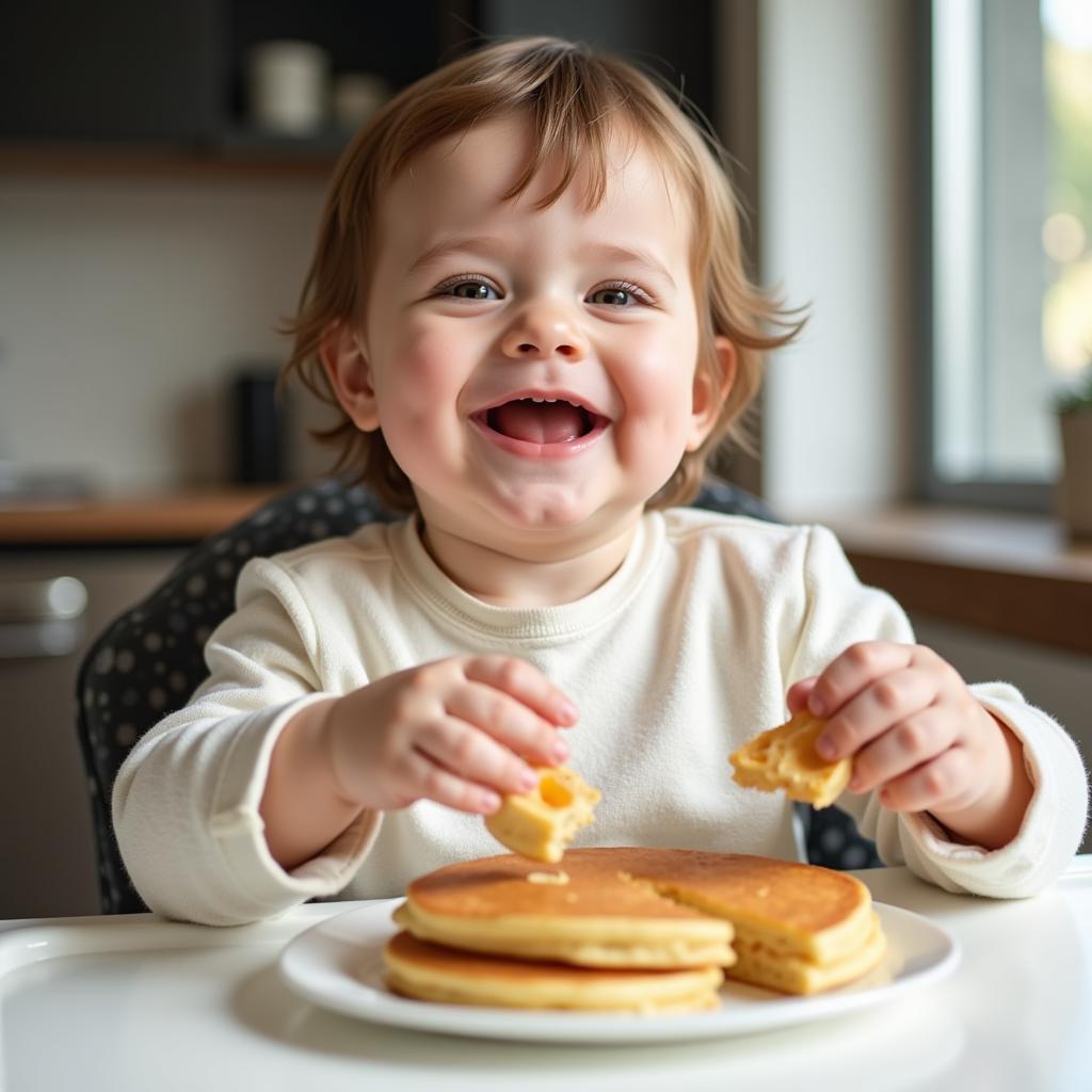 Baby happily eating a pancake