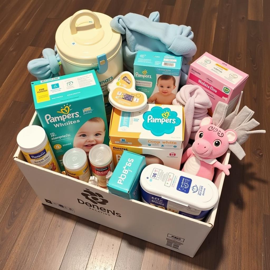 Donation box filled with diapers, formula, and baby clothes