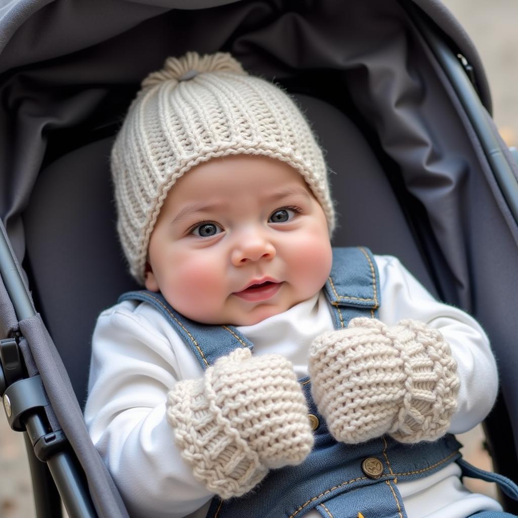 A baby wearing a hand-knitted mittens and hat set