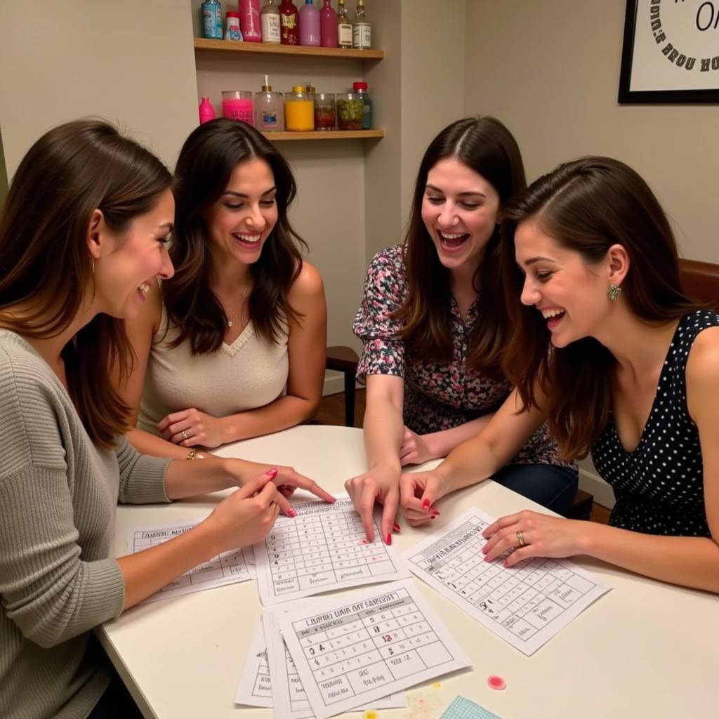 Group of friends playing bachelorette party games