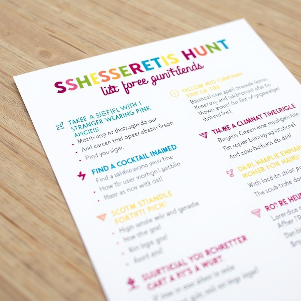 Printable scavenger hunt list for a bachelorette party