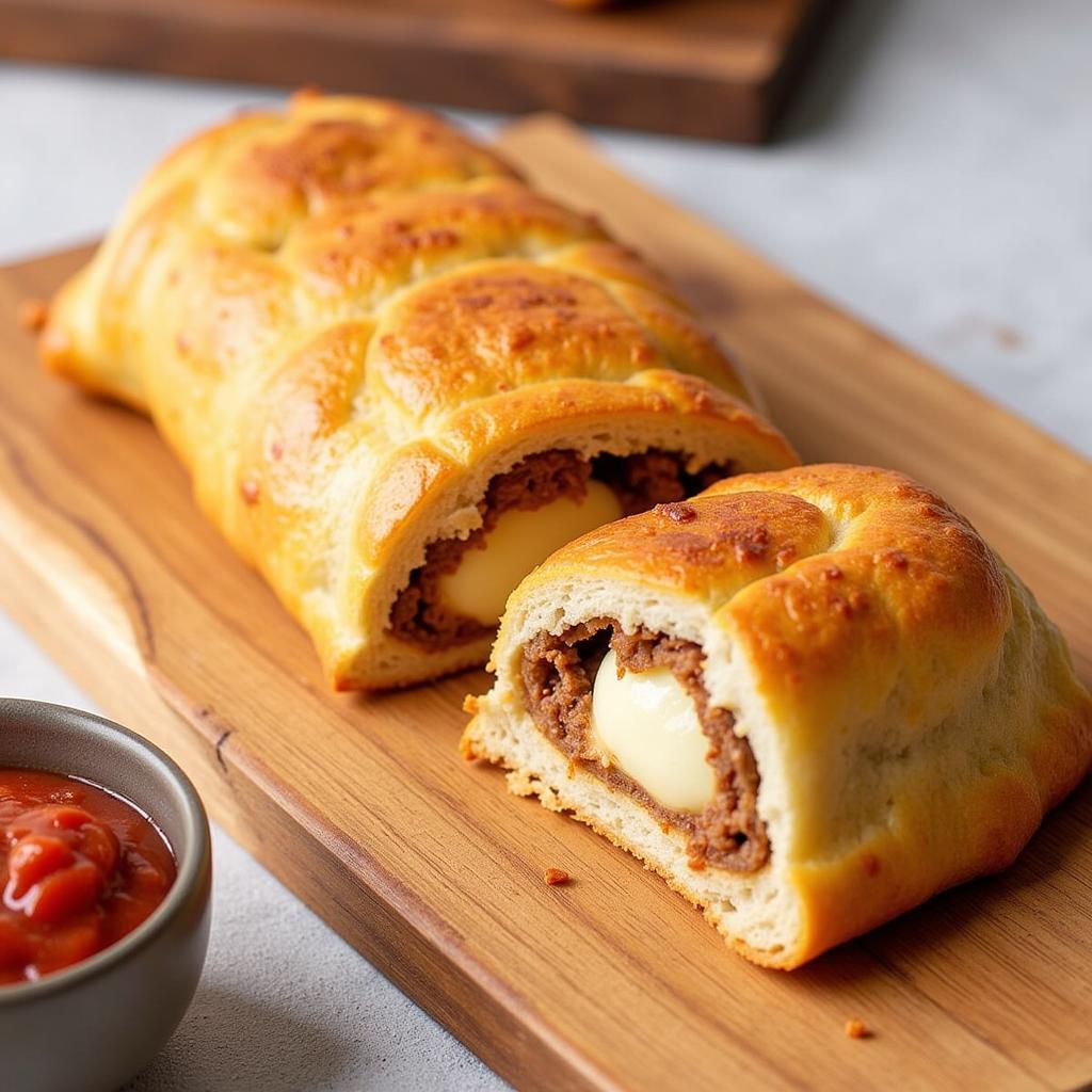 Sliced gluten-free stromboli on a wooden board with dipping sauce.