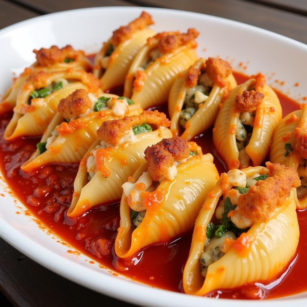 A baking dish of gluten-free stuffed shells with marinara sauce and melted mozzarella cheese, ready to serve.