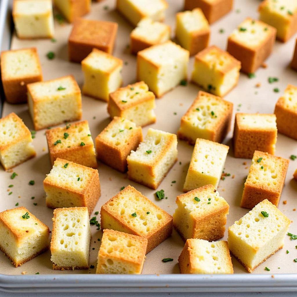 Gluten-free bread cubes on a baking sheet