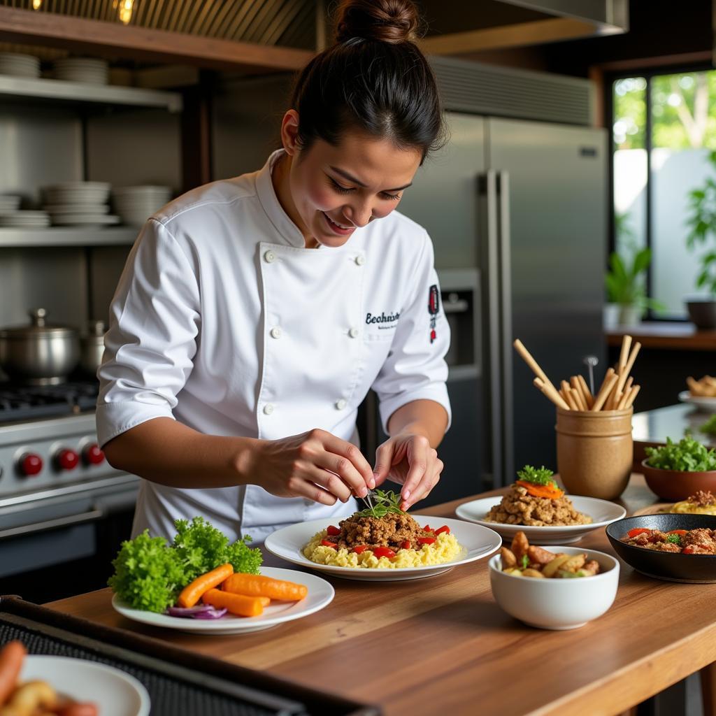 Balinese chef preparing a gluten-free dish in a professional kitchen